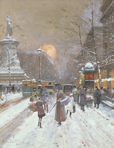 Parijse sneeuwscène door Eugene Galien Laloue